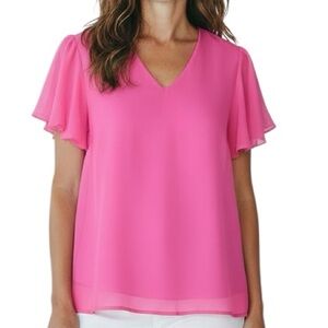 NWT VINCE CAMUTO Pink V-Neck Flutter Short Sleeve Lined Blouse Size Medium